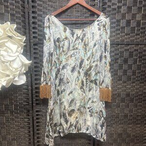 Uncle Frank Lined Fringe Cuffs Printed feather Silk Mini Dress